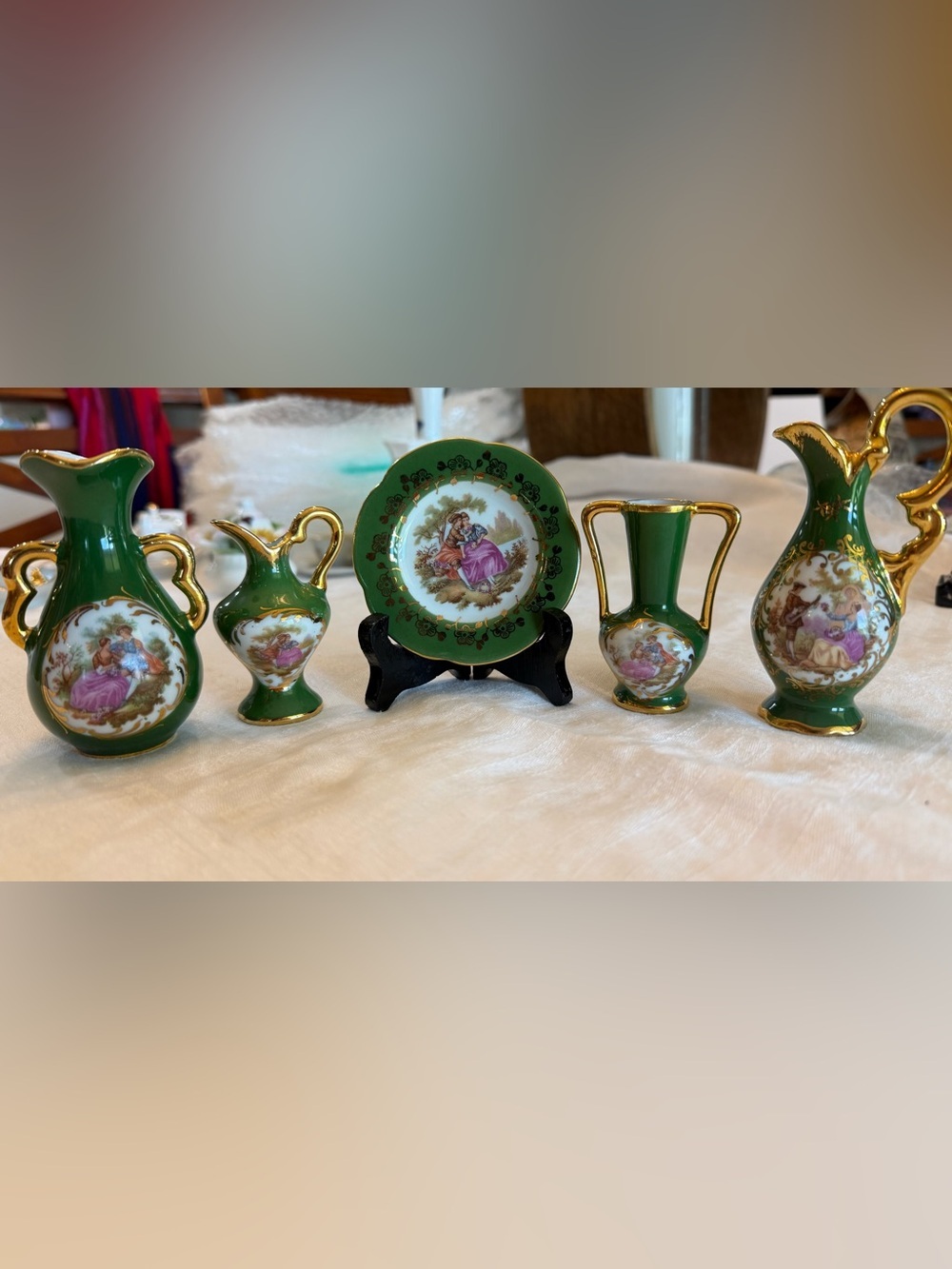 Limoges Green and Gold Miniature Porcelain Fragonard Vase and Plate Set